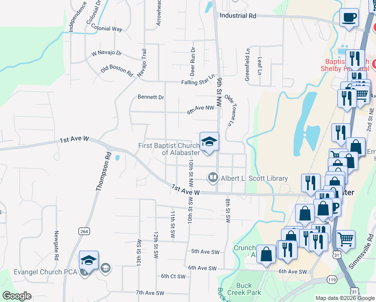 map of restaurants, bars, coffee shops, grocery stores, and more near 335 10th Street Northwest in Alabaster