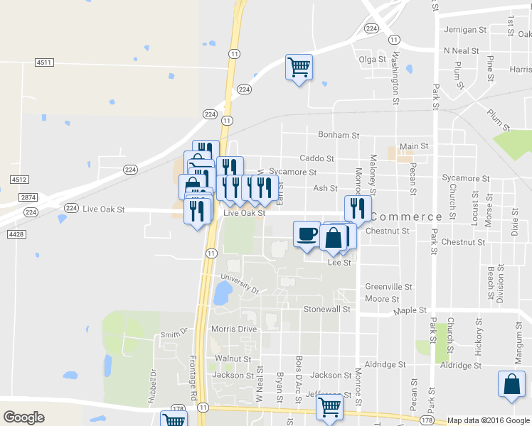 map of restaurants, bars, coffee shops, grocery stores, and more near 1940 Live Oak Street in Commerce