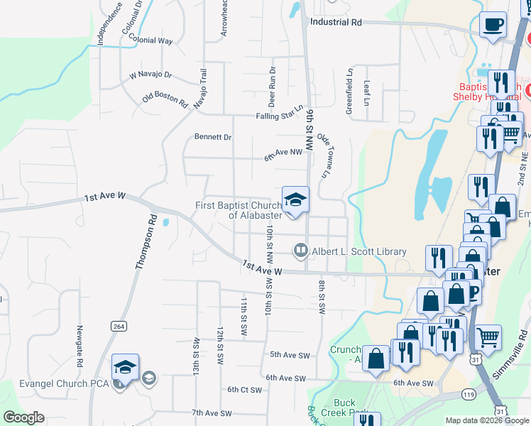 map of restaurants, bars, coffee shops, grocery stores, and more near 335 10th Street Northwest in Alabaster