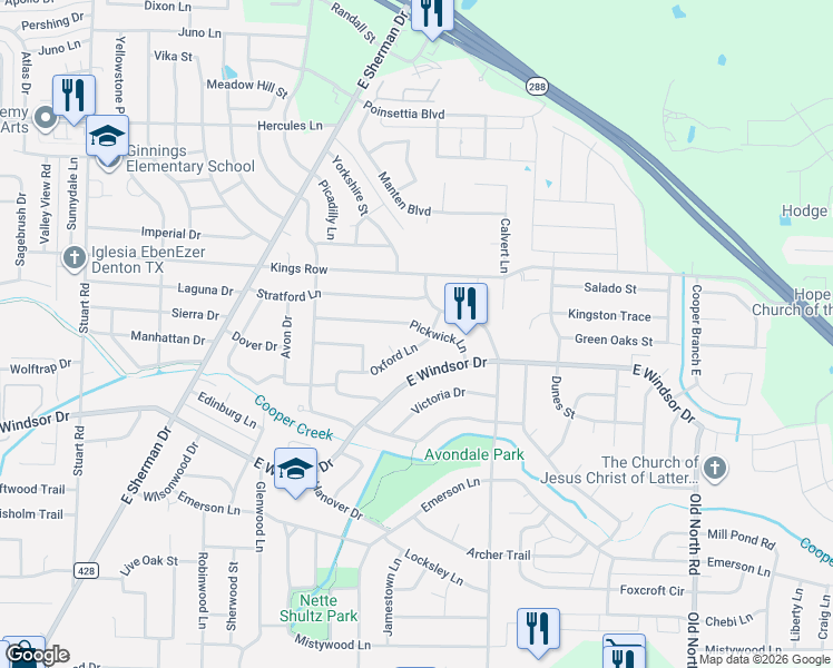 map of restaurants, bars, coffee shops, grocery stores, and more near 1514 Pickwick Lane in Denton