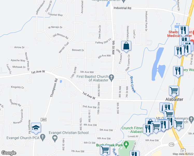 map of restaurants, bars, coffee shops, grocery stores, and more near 335 10th Street Northwest in Alabaster
