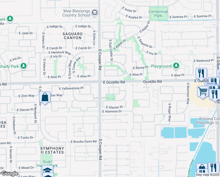 map of restaurants, bars, coffee shops, grocery stores, and more near 2102 East Yellowstone Place in Chandler