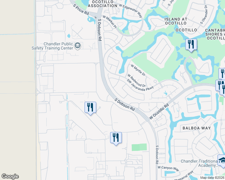 map of restaurants, bars, coffee shops, grocery stores, and more near 3956 South Hollyhock Place in Chandler