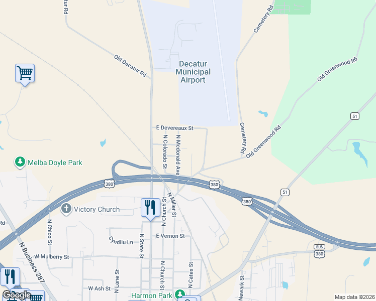 map of restaurants, bars, coffee shops, grocery stores, and more near 1704 North Cates Street in Decatur