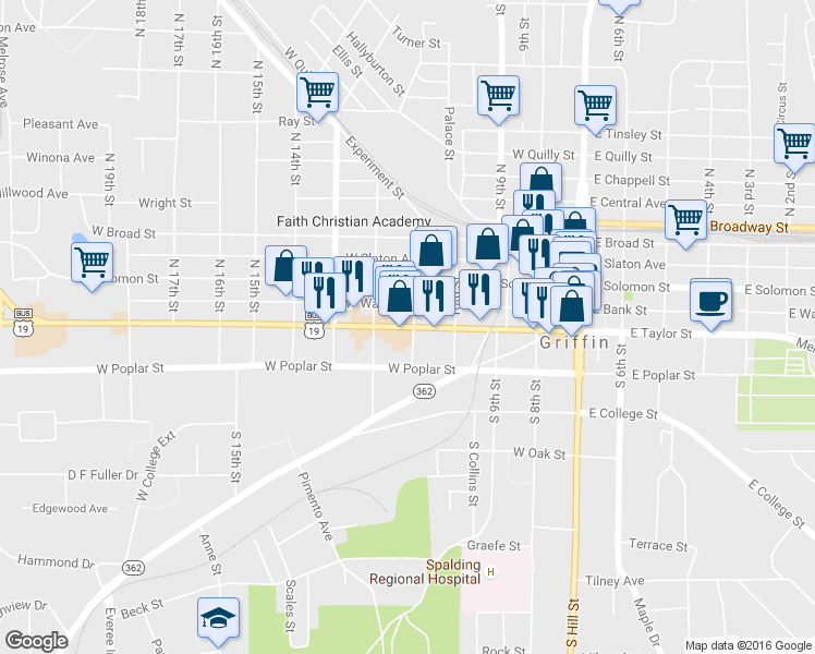 map of restaurants, bars, coffee shops, grocery stores, and more near 509 W Taylor St in Griffin