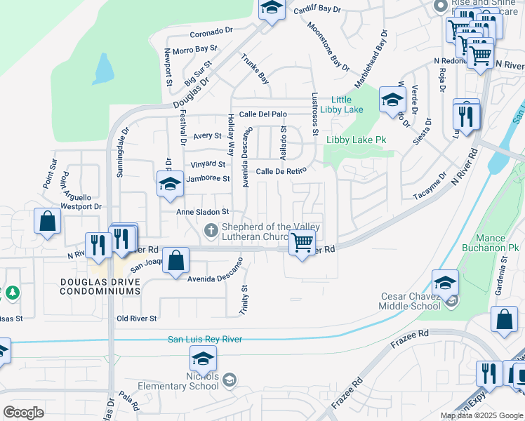 map of restaurants, bars, coffee shops, grocery stores, and more near 4616 North River Road in Oceanside