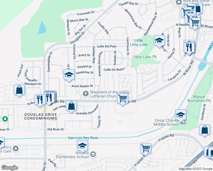 map of restaurants, bars, coffee shops, grocery stores, and more near 4616 North River Road in Oceanside