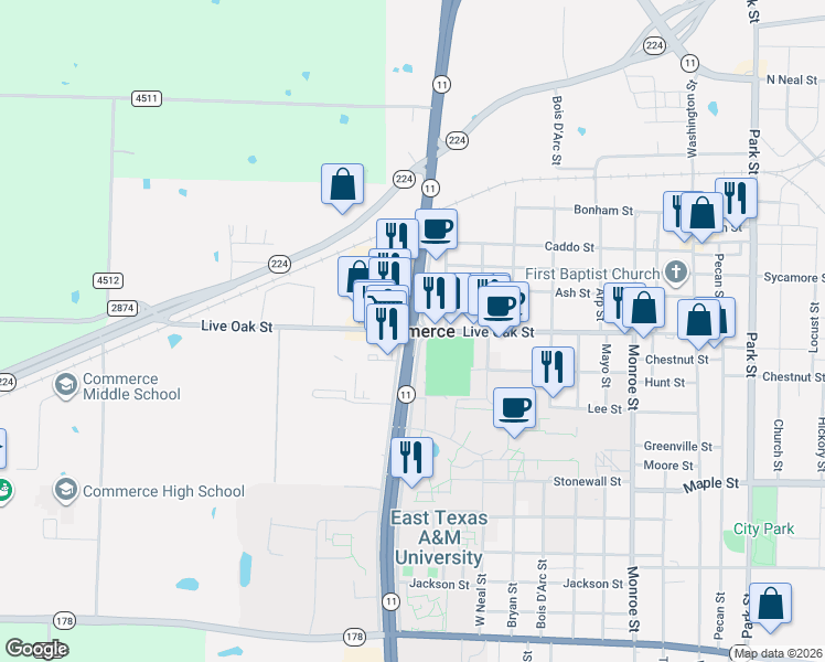 map of restaurants, bars, coffee shops, grocery stores, and more near in Commerce
