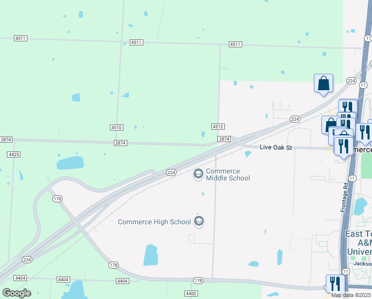 map of restaurants, bars, coffee shops, grocery stores, and more near 5403 Farm to Market Road 2874 in Commerce