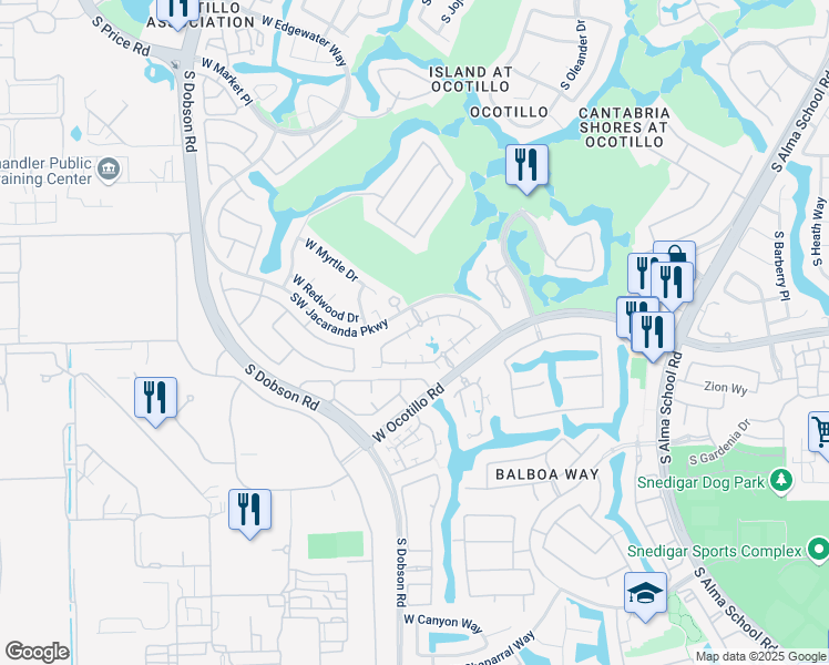 map of restaurants, bars, coffee shops, grocery stores, and more near 2020 West Olive Way in Chandler