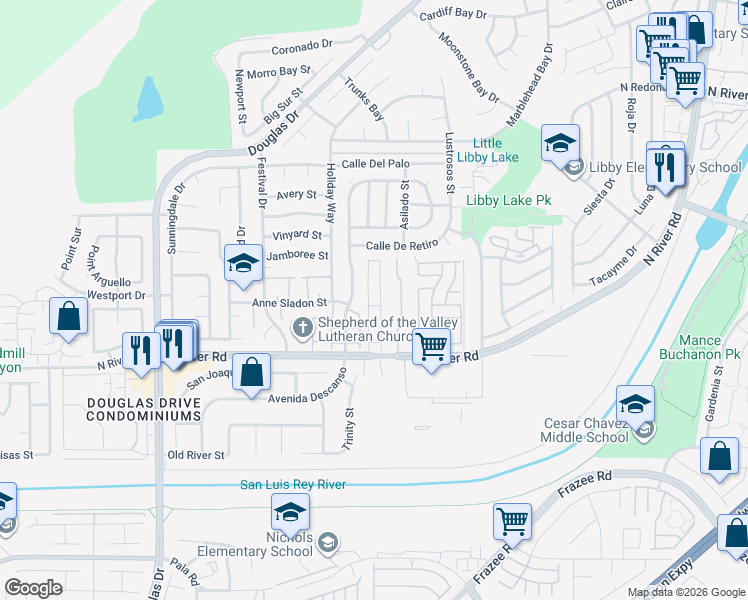 map of restaurants, bars, coffee shops, grocery stores, and more near 4616 North River Road in Oceanside