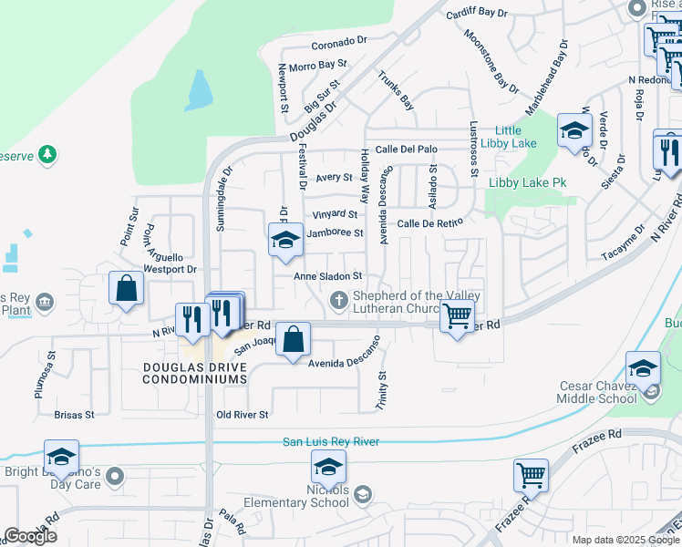 map of restaurants, bars, coffee shops, grocery stores, and more near 4532 Anne Sladon Street in Oceanside