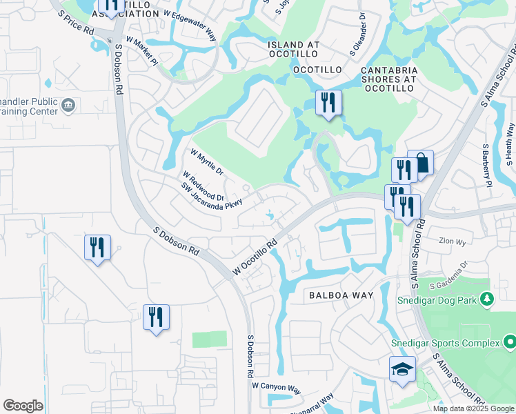 map of restaurants, bars, coffee shops, grocery stores, and more near 2020 West Olive Way in Chandler
