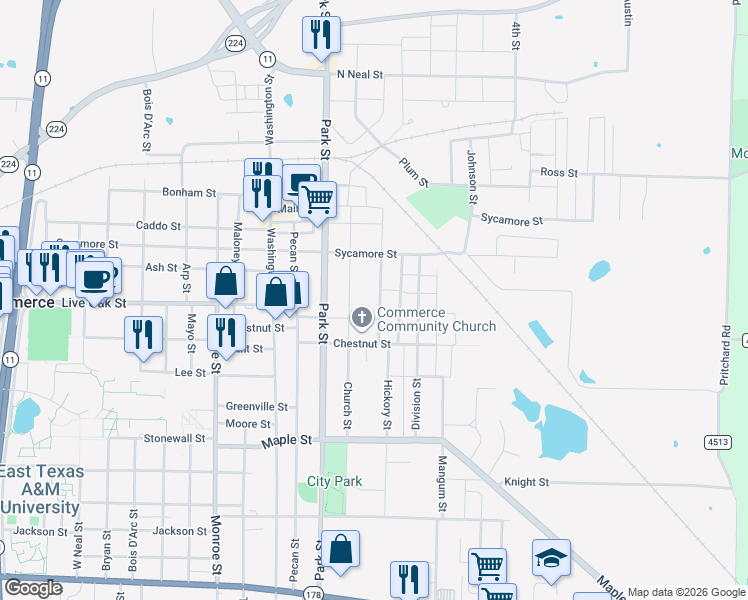 map of restaurants, bars, coffee shops, grocery stores, and more near 1505 Locust Street in Commerce