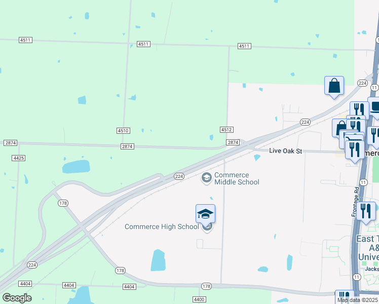 map of restaurants, bars, coffee shops, grocery stores, and more near 5403 Farm to Market Road 2874 in Commerce