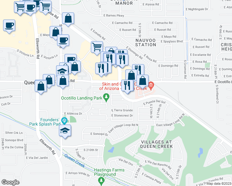 map of restaurants, bars, coffee shops, grocery stores, and more near 21116 East Pickett Street in Queen Creek