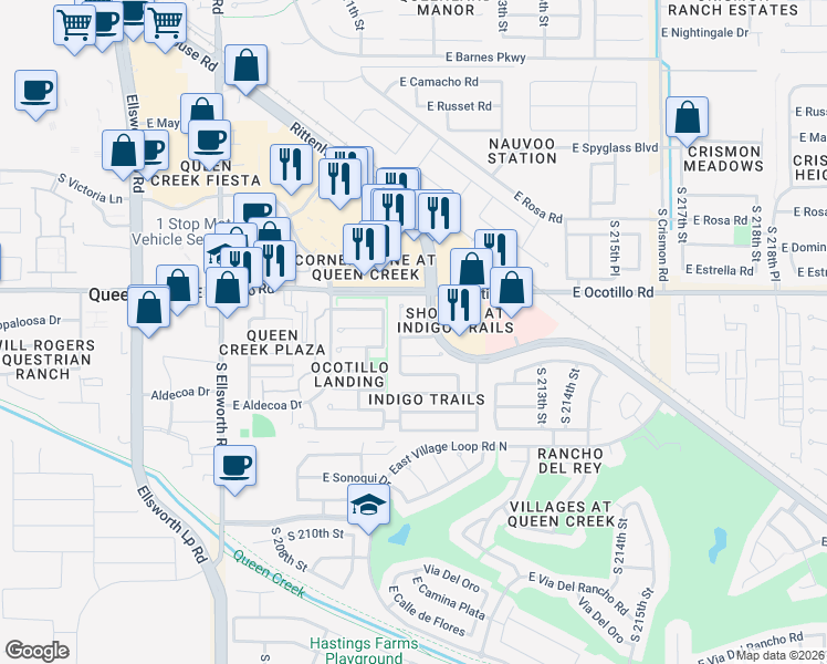 map of restaurants, bars, coffee shops, grocery stores, and more near 21116 East Pickett Street in Queen Creek