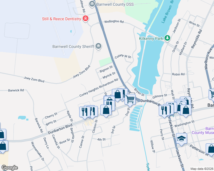 map of restaurants, bars, coffee shops, grocery stores, and more near 131 Corley Avenue in Barnwell