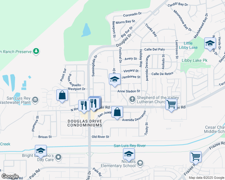 map of restaurants, bars, coffee shops, grocery stores, and more near 4483 Anne Sladon Street in Oceanside