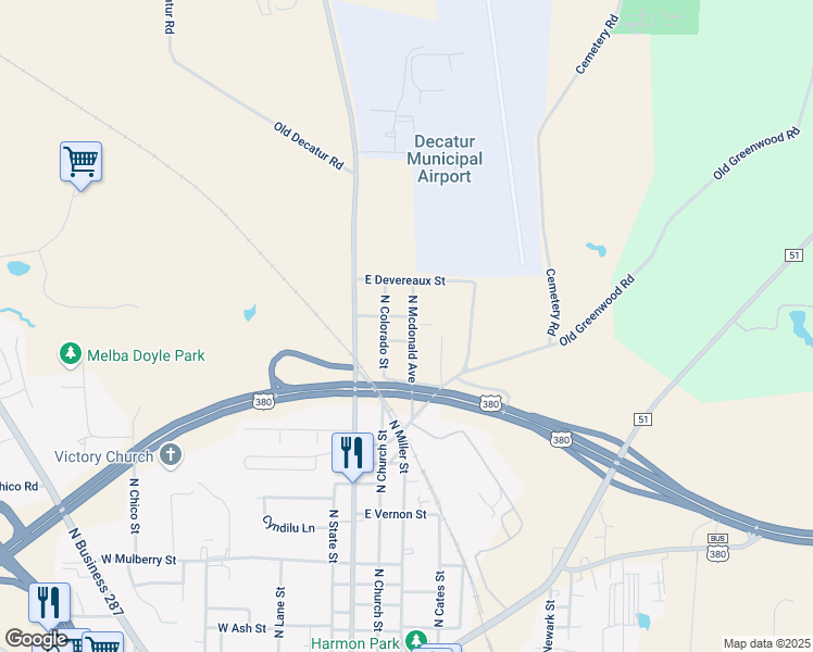 map of restaurants, bars, coffee shops, grocery stores, and more near 1705 North Mcdonald Avenue in Decatur