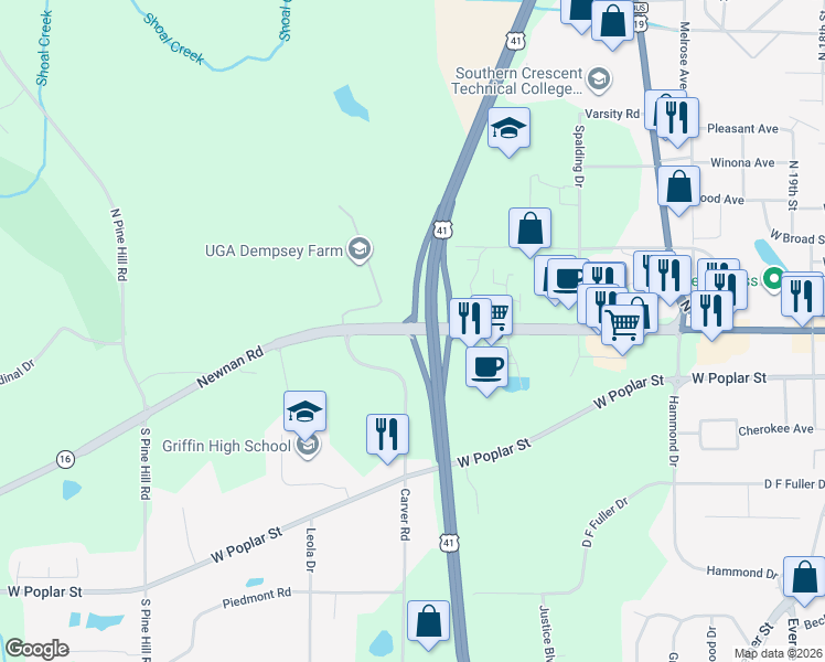 map of restaurants, bars, coffee shops, grocery stores, and more near 1610 Highway 16 in Griffin