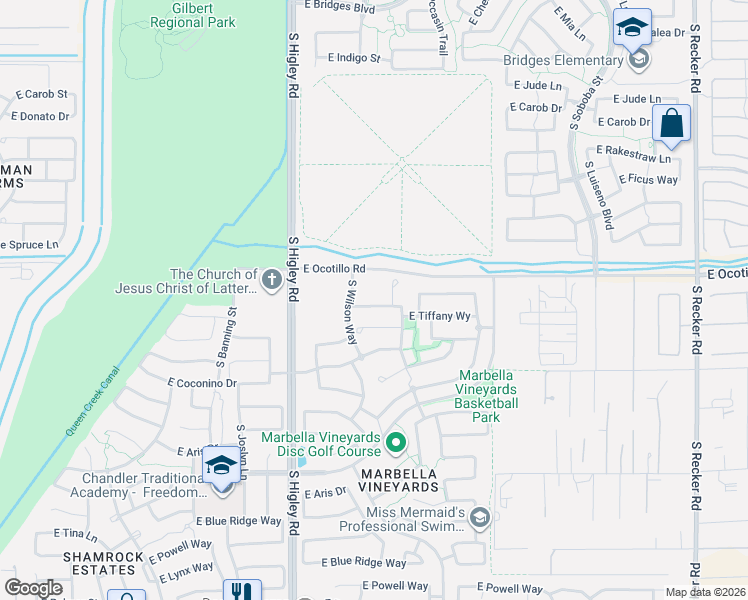 map of restaurants, bars, coffee shops, grocery stores, and more near 3364 East Penedes Drive in Gilbert