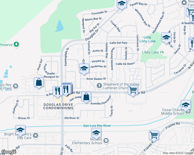 map of restaurants, bars, coffee shops, grocery stores, and more near 4532 Anne Sladon Street in Oceanside