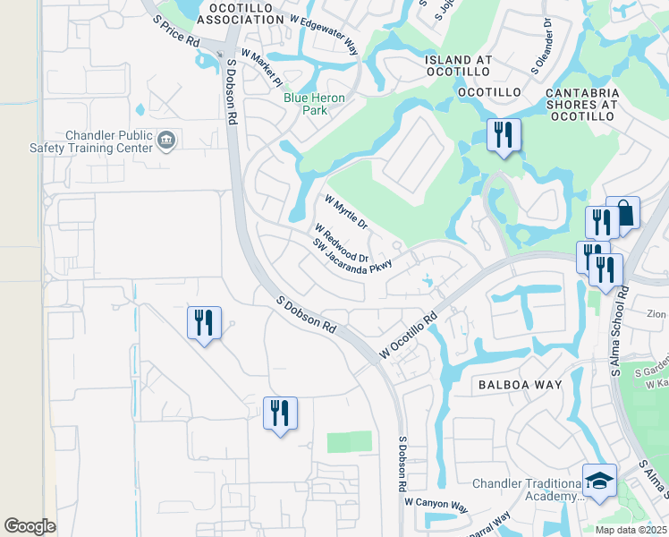 map of restaurants, bars, coffee shops, grocery stores, and more near 2214 West Olive Way in Chandler