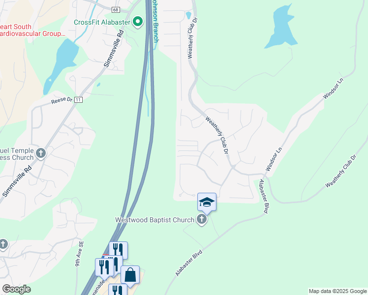 map of restaurants, bars, coffee shops, grocery stores, and more near 140 Warwick Circle in Alabaster
