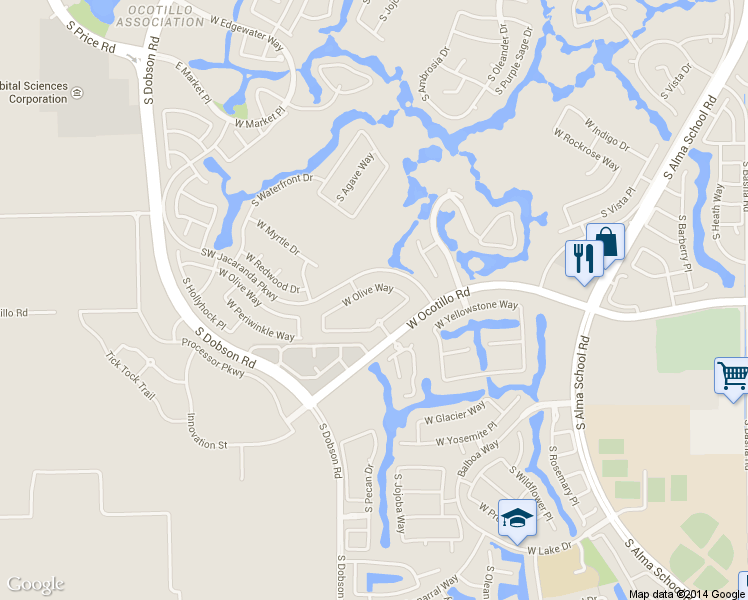 map of restaurants, bars, coffee shops, grocery stores, and more near 1949 West Olive Way in Chandler