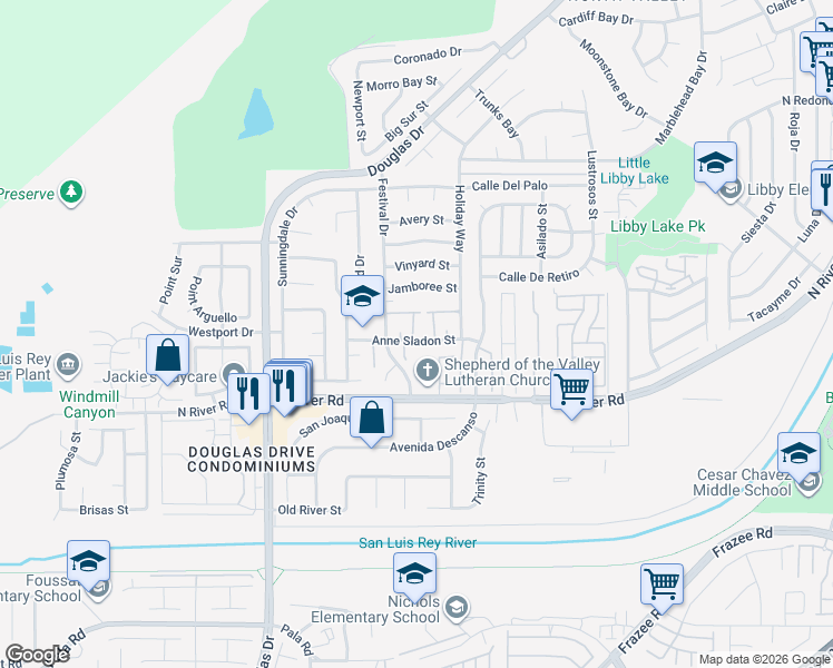 map of restaurants, bars, coffee shops, grocery stores, and more near 4532 Anne Sladon Street in Oceanside