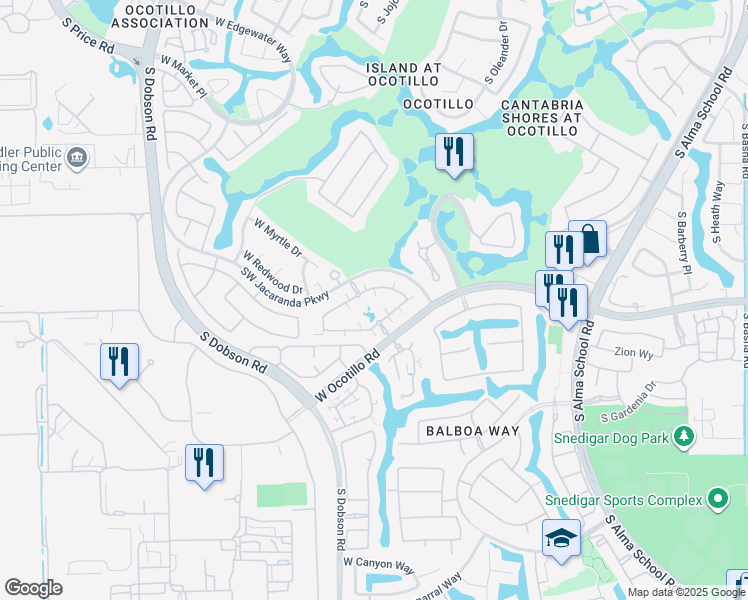map of restaurants, bars, coffee shops, grocery stores, and more near 1949 West Olive Way in Chandler