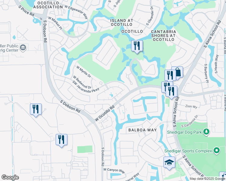 map of restaurants, bars, coffee shops, grocery stores, and more near 1949 West Olive Way in Chandler