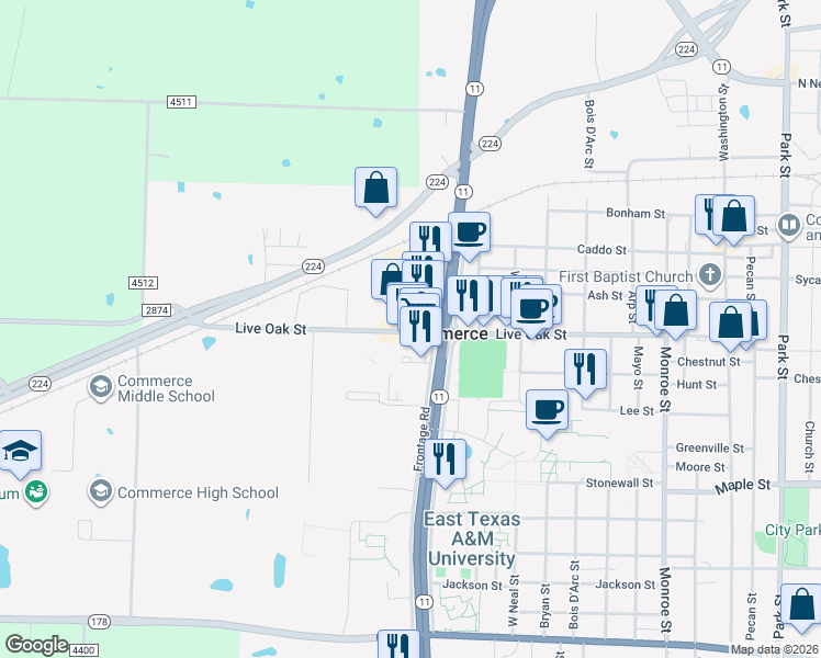 map of restaurants, bars, coffee shops, grocery stores, and more near 2200a Live Oak Street in Commerce