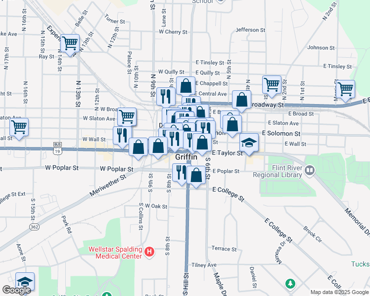 map of restaurants, bars, coffee shops, grocery stores, and more near in Griffin