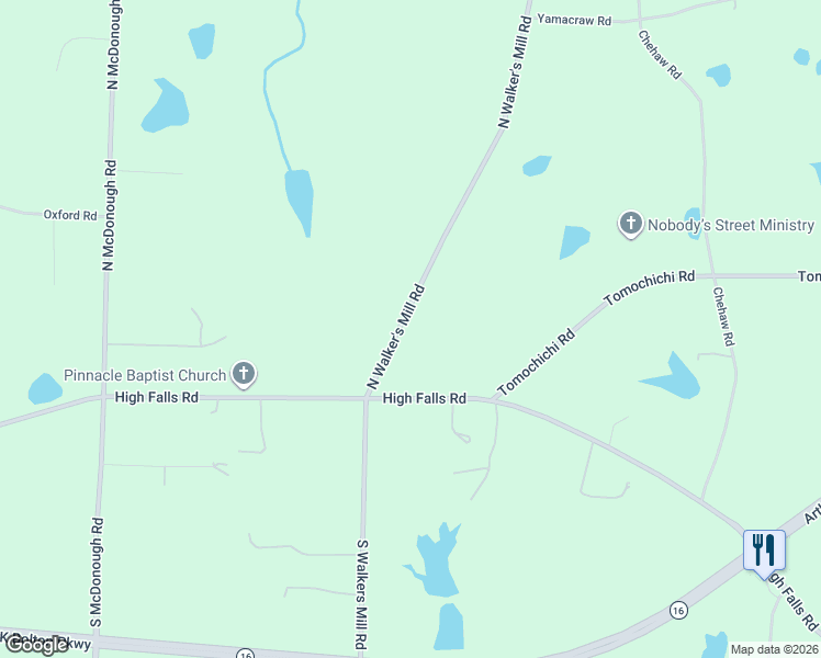 map of restaurants, bars, coffee shops, grocery stores, and more near 104 North Walker's Mill Road in Griffin