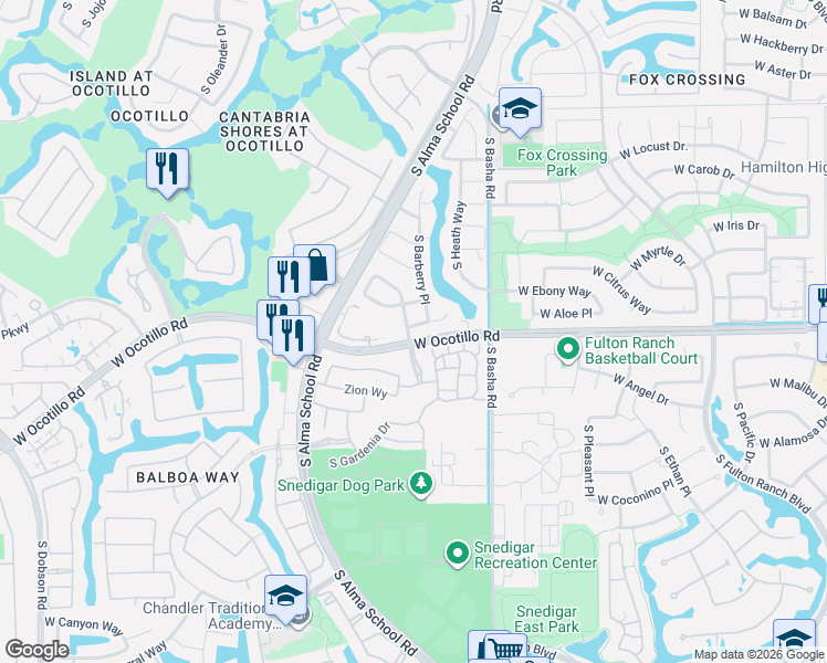 map of restaurants, bars, coffee shops, grocery stores, and more near 915 West Aloe Place in Chandler