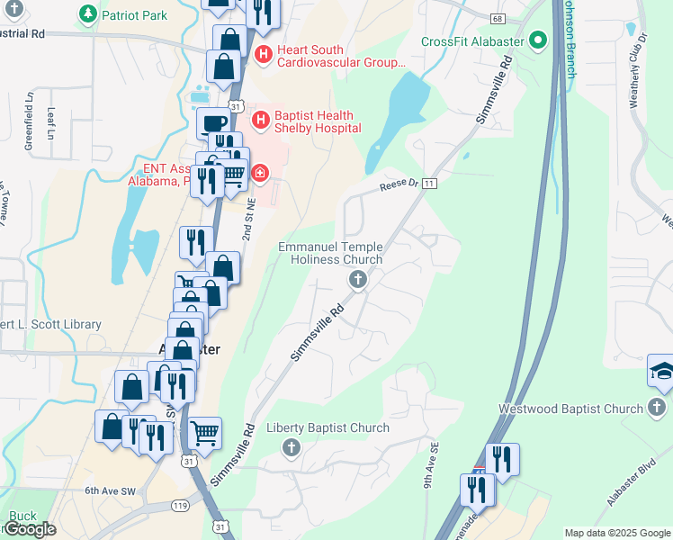 map of restaurants, bars, coffee shops, grocery stores, and more near 313 Park Road in Alabaster