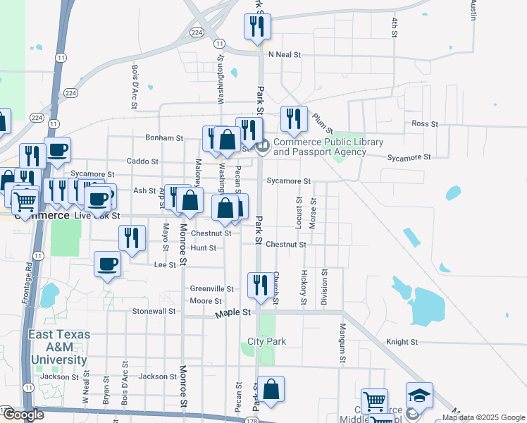 map of restaurants, bars, coffee shops, grocery stores, and more near 1506 Park Street in Commerce