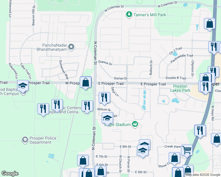 map of restaurants, bars, coffee shops, grocery stores, and more near 871 Sibyl Lane in Prosper