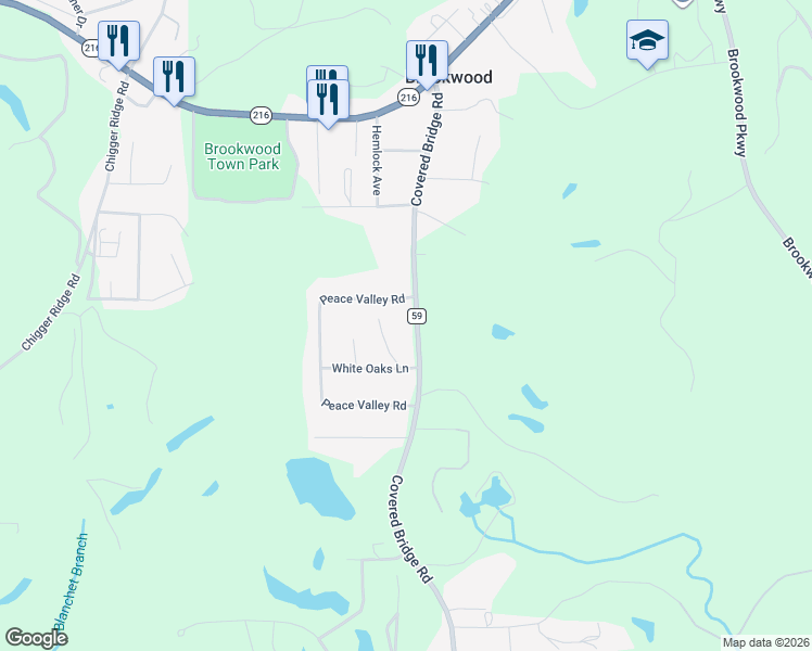 map of restaurants, bars, coffee shops, grocery stores, and more near 12730 Covered Bridge Road in Brookwood