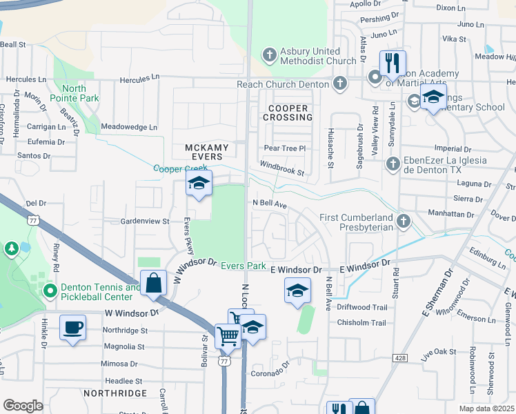 map of restaurants, bars, coffee shops, grocery stores, and more near 3333 North Bell Avenue in Denton