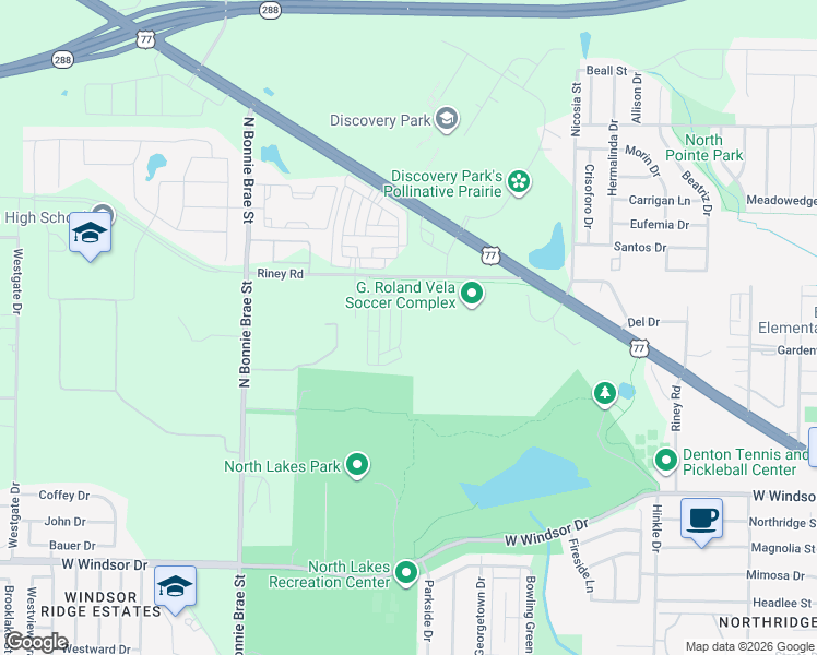 map of restaurants, bars, coffee shops, grocery stores, and more near 3329 Solana Circle in Denton