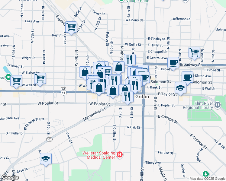map of restaurants, bars, coffee shops, grocery stores, and more near 327 West Taylor Street in Griffin