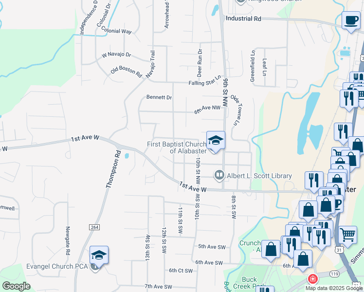 map of restaurants, bars, coffee shops, grocery stores, and more near 341 11th Street Northwest in Alabaster