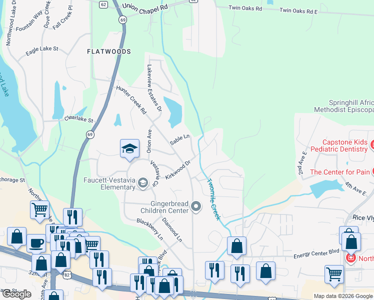 map of restaurants, bars, coffee shops, grocery stores, and more near 7 Vestavia Circle in Northport