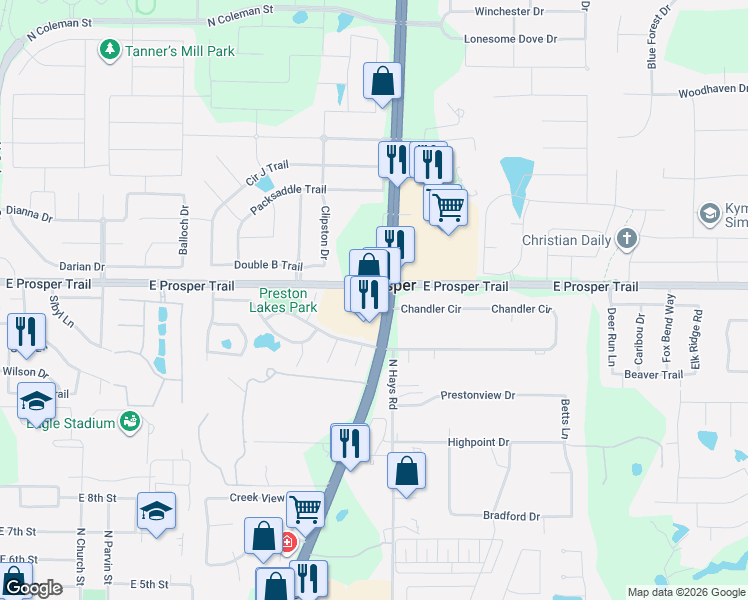 map of restaurants, bars, coffee shops, grocery stores, and more near 1099 North Preston Road in Prosper