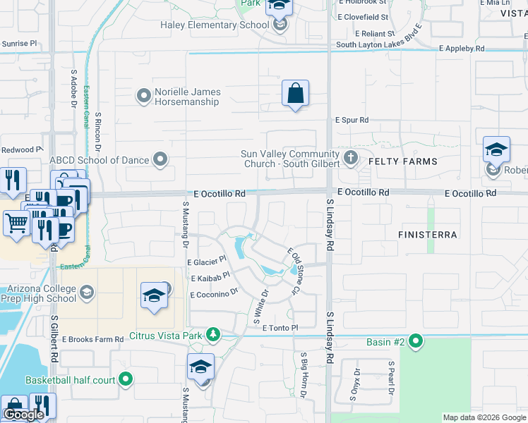 map of restaurants, bars, coffee shops, grocery stores, and more near South Cobblestone Drive in Chandler