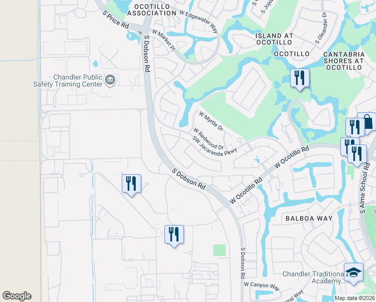 map of restaurants, bars, coffee shops, grocery stores, and more near 2266 West Periwinkle Way in Chandler