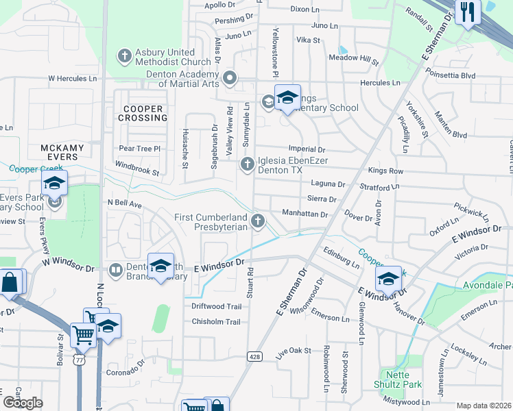 map of restaurants, bars, coffee shops, grocery stores, and more near 801 Manhattan Drive in Denton